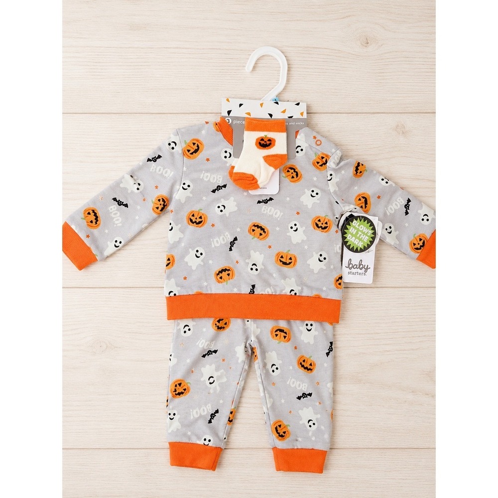 Baby Starters Halloween 3 Piece Outfit Set 6M Pumpkin Ghost Glow in Dark NWT